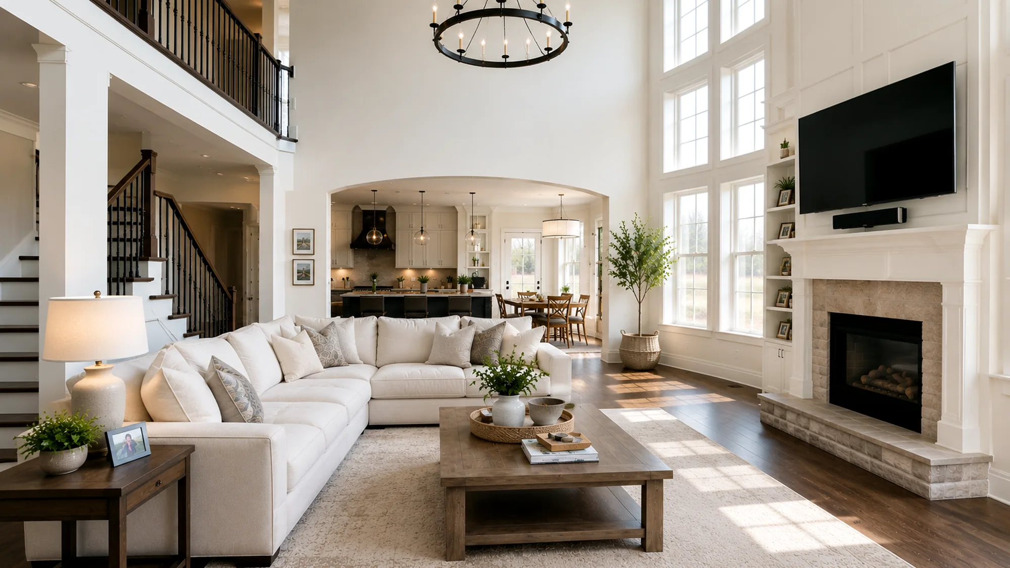 The same grand great room, spotless and pristine after cleaning